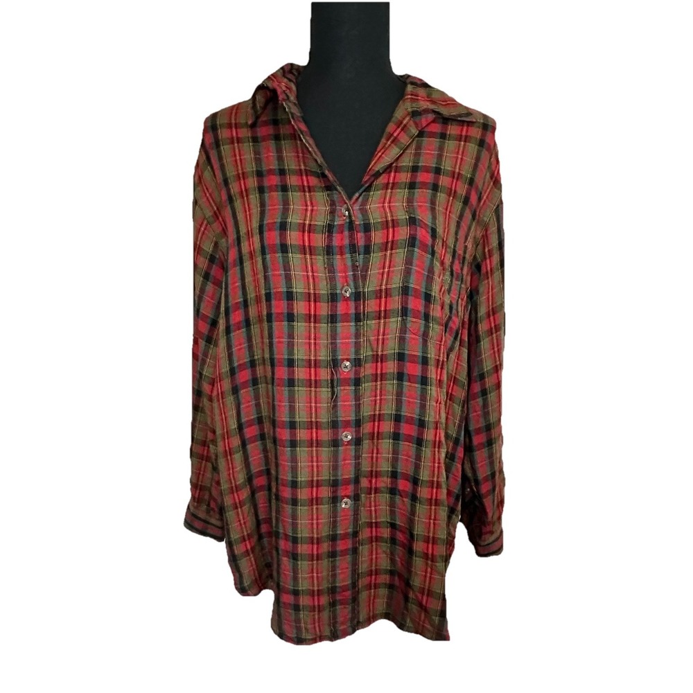 Lauren Ralph Lauren Women Rayon Red Plaid Button Up Long Sleeve PJ Shirt LARGE